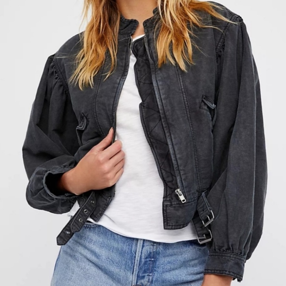 Free People Washed Black Cropped Bomber Jacket